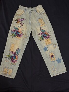 Paper Lace Floral Embroidered Patchwork Distressed Jeans Size S Boho